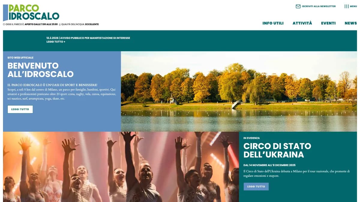 Idroscalo website — Milan's beloved urban park and sports oasis — an official web presence for a city landmark serving millions of visitors.