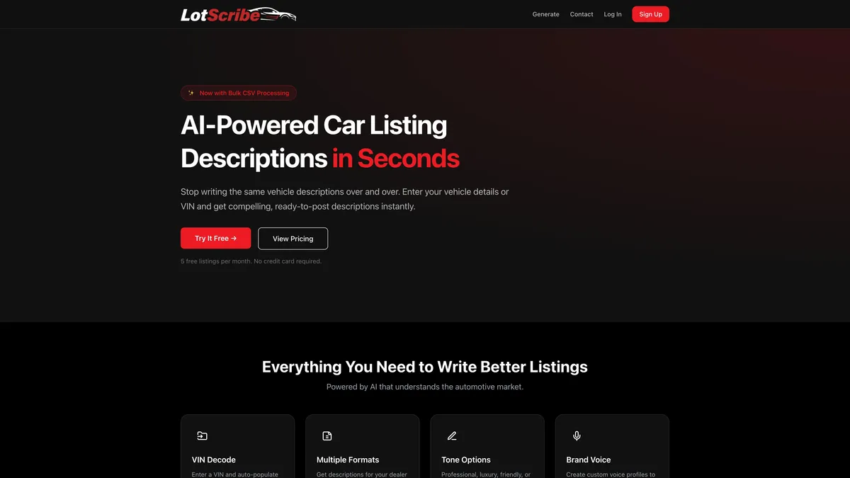 LotScribe website — AI-powered SaaS platform that generates compelling car listing descriptions in seconds — built for dealerships that move fast.
