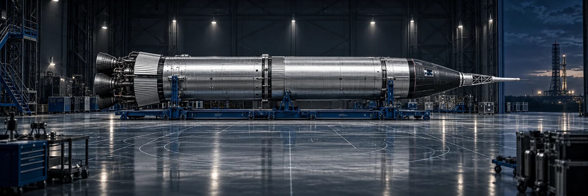 Conceptual silver rocket assembled horizontally in a dark aerospace hangar with blue accents