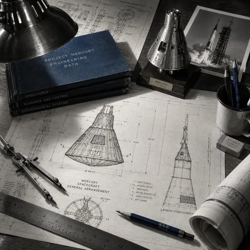 Spacecraft technical drawings, precision drafting tools and a Mercury capsule scale model