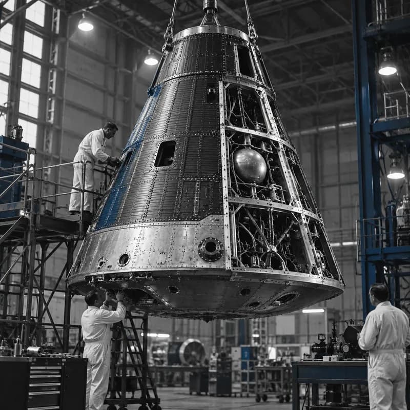 A spacecraft capsule under construction in an engineering hangar