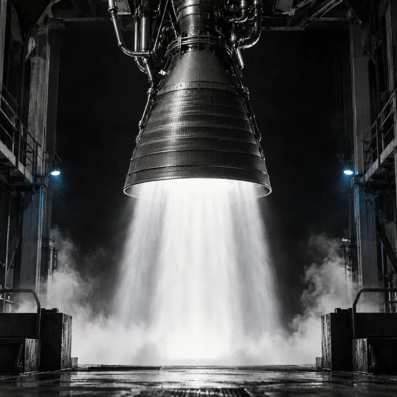 A rocket engine producing a focused exhaust plume on a test stand